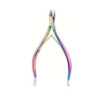 Professional cuticle nippers completely coated in a vibrant rainbow multi-chrome titanium finish from the sharp jaw blades to the curved handles, as seen in 74.jpg against a white reflective background.