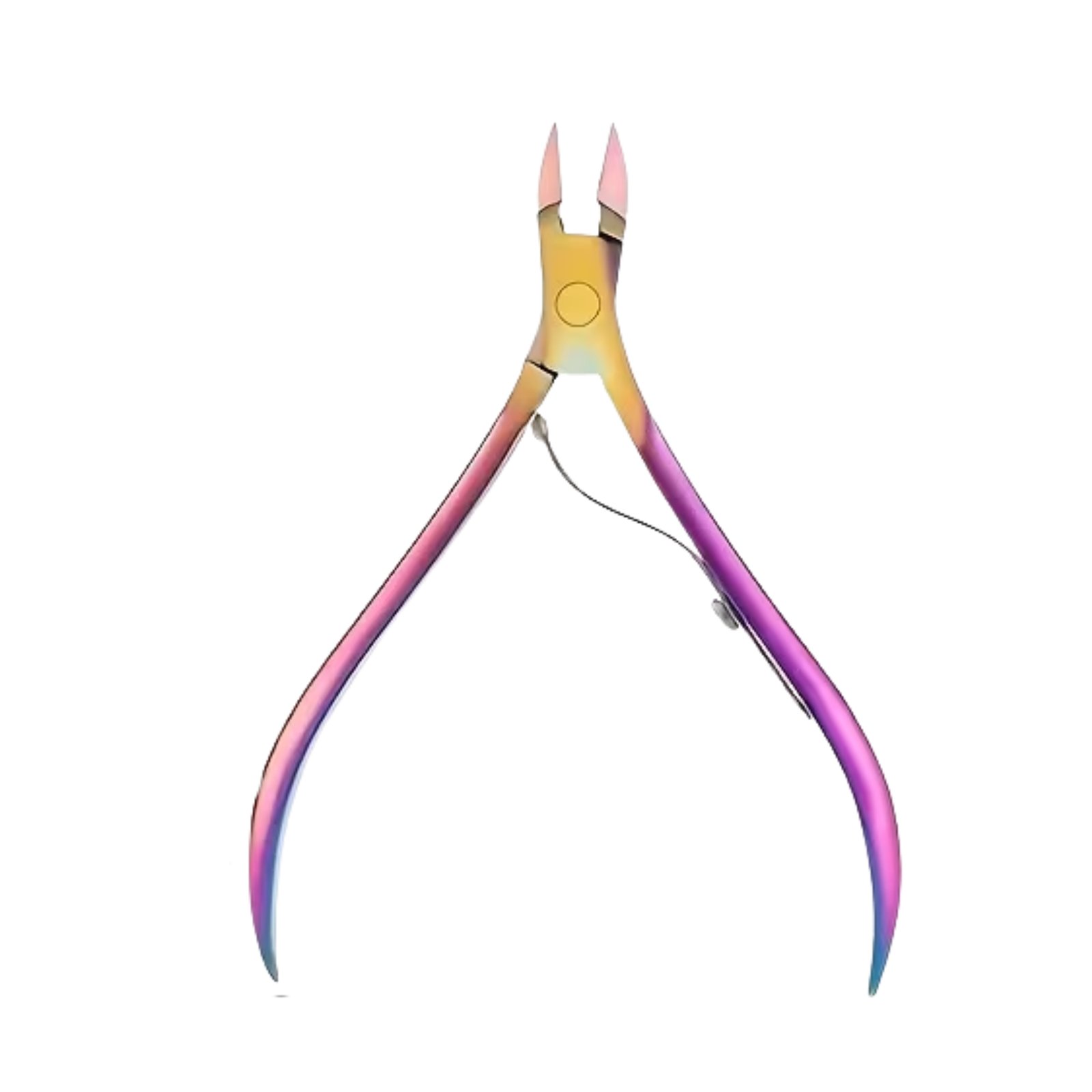 Professional cuticle nippers with a full multi-chrome rainbow titanium finish, featuring fine precision jaw blades and an ergonomic handle with a smooth single-spring mechanism, isolated in 75.jpg on a clean white background.
