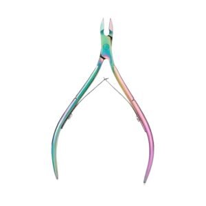 Professional stainless steel cuticle nippers featuring a complete rainbow titanium multi-chrome finish, sharp micro-precision jaw blades, and an ergonomic handle with a dual-spring mechanism, displayed in 76.jpg on a solid white background.