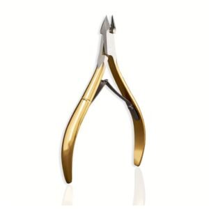 Professional stainless steel cuticle nippers featuring elegant, polished gold handles, sharp precision jaw blades, and a single-spring mechanism, as shown in 77.jpg over a white reflective surface.