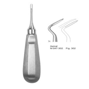 Medical grade stainless steel Apical dental root elevator Fig. 302 with a curved tip for tooth extraction.