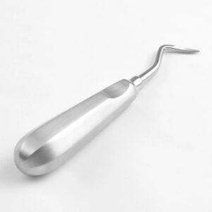 A high-quality stainless steel dental apical root elevator with a curved blade and ergonomic handle, shown from a side angle on a white background.