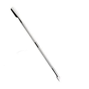 Professional dual-ended stainless steel cuticle pusher tool featuring a wide, contoured spoon-shaped head on one end, a sharp spear-shaped scraper tip on the other, and a knurled textured handle grip, shown in 81.jpg on a solid white background.