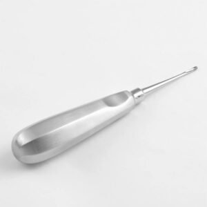 A professional straight apical dental root elevator with a rounded ergonomic handle and a narrow, concave tip, shown on a white background.