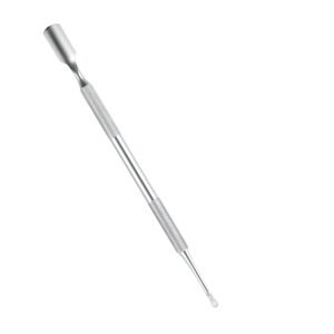 Streamline your e-commerce inventory with this professional dual-ended stainless steel cuticle pusher, featuring a contoured spoon edge and a precise under-nail knife scraper.