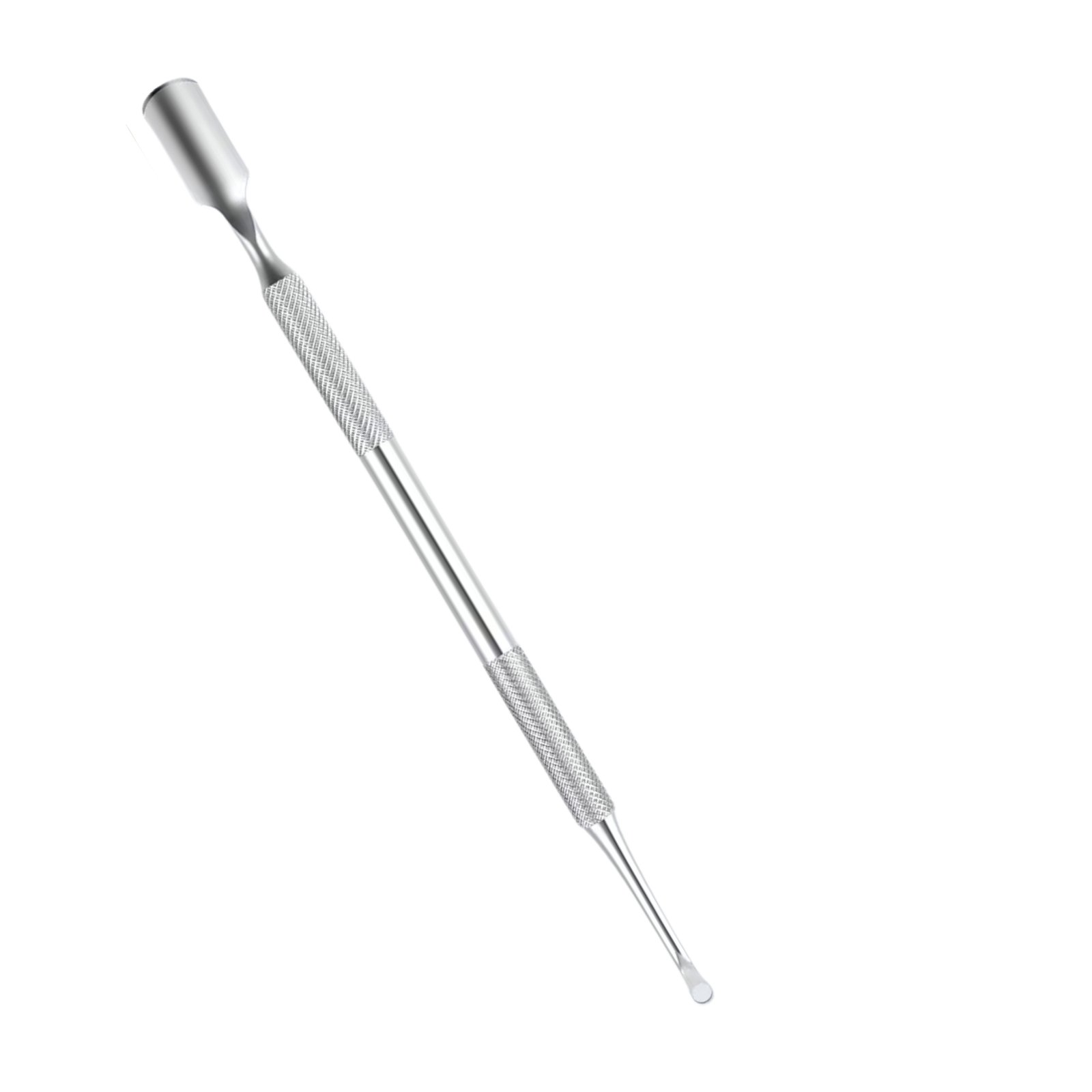 Streamline your e-commerce inventory with this professional dual-ended stainless steel cuticle pusher, featuring a contoured spoon edge and a precise under-nail knife scraper.