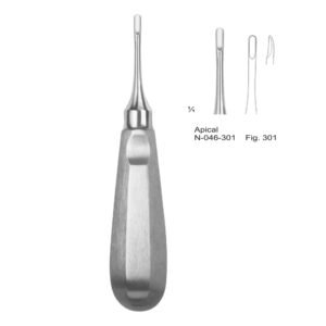 Medical grade stainless steel Apical dental root elevator Fig. 301 with a straight, narrow tip for precise tooth extraction.