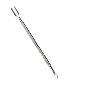 Professional dual-ended stainless steel cuticle pusher featuring a wide, contoured spoon-shaped head on one end, a sharp curved hatchet blade scraper tip on the opposite end, and a knurled textured handle grip, shown in 83.jpg on a solid white background.
