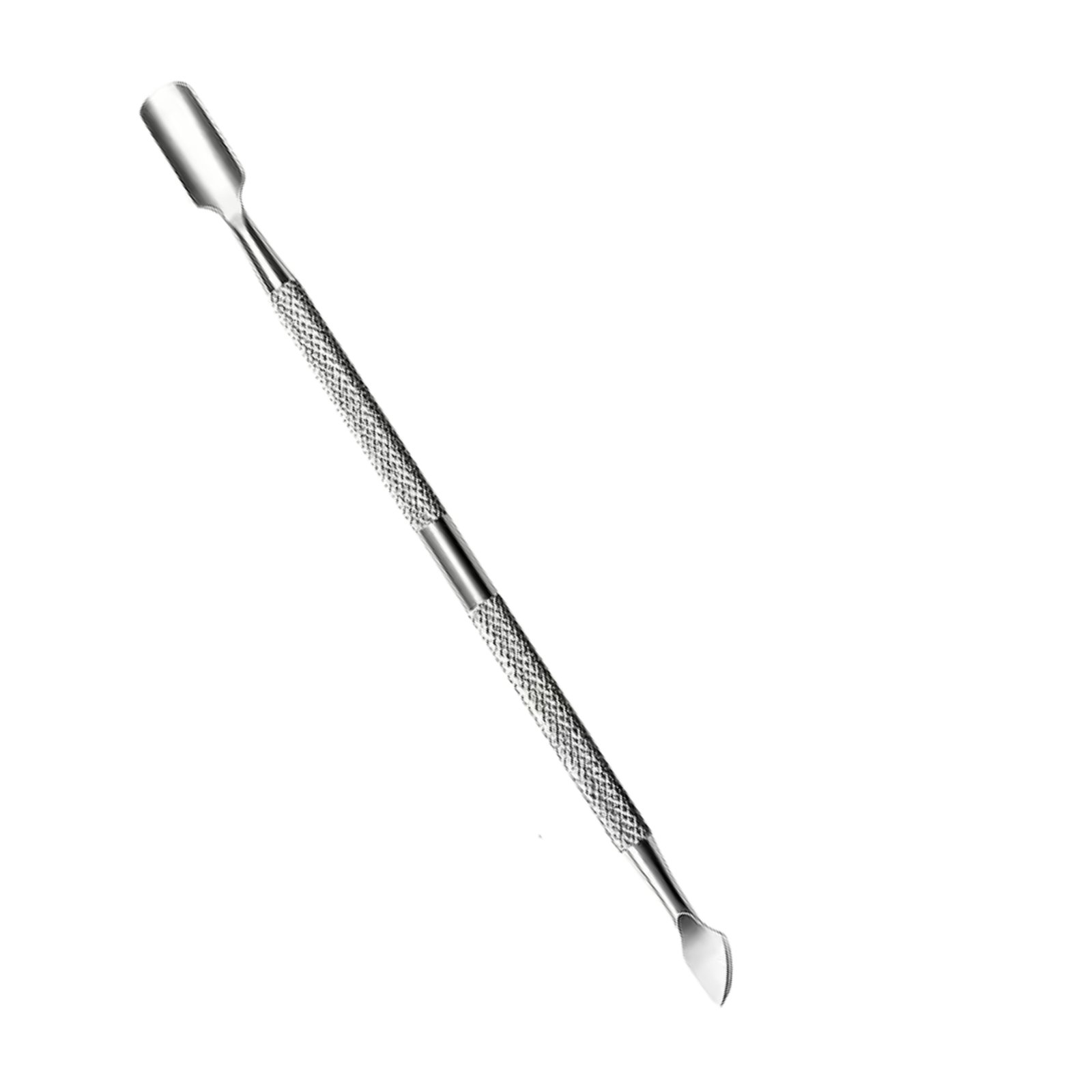 Professional dual-ended stainless steel cuticle pusher featuring a wide, contoured spoon-shaped head on one end, a sharp curved hatchet blade scraper tip on the opposite end, and a knurled textured handle grip, shown in 83.jpg on a solid white background.