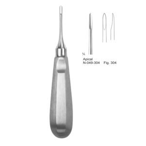 Medical grade stainless steel Apical dental root elevator Fig. 304 with a pointed, narrow tip for precise tooth fragment extraction.