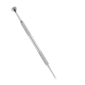 Professional dual-ended stainless steel cuticle pusher tool featuring a wide rounded spoon-shaped pusher head on one end, a precise loop ring cleaning tip on the opposite end, and dual knurled handle grips, shown in 84.jpg on a solid white background.