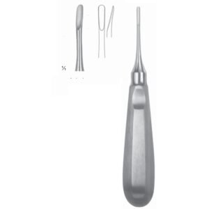 Medical grade stainless steel Apical dental root elevator with a straight, rounded tip for tooth fragment extraction as shown in 84.jpg.
