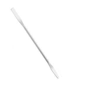 Professional dual-ended stainless steel cosmetic spatula featuring a flat rectangle palette knife edge on one end, a tapered rounded blending tip on the other, and a smooth polished metallic handle, shown in 85.jpg on a solid white background.