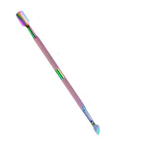 Professional dual-ended stainless steel cuticle pusher tool featuring a vibrant rainbow plasma multi-color finish, a wide spoon-shaped pusher head on one end, a sharp curved hatchet scraper blade on the opposite end, and dual knurled handle grips, shown in 86.jpg on a plain white background.