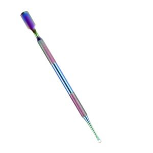 Professional dual-ended stainless steel cuticle pusher tool featuring a vibrant rainbow plasma multi-color titanium finish, a wide spoon-shaped pusher head on one end, a small loop cleaning ring tip on the other, and dual knurled handle grips, shown in 87.jpg on a solid white background.