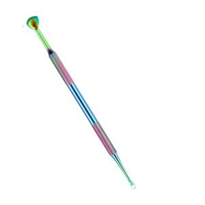 Professional dual-ended stainless steel cuticle pusher tool featuring a vibrant rainbow plasma multi-color titanium finish, a wide rounded spoon-shaped pusher head on one end, a precise loop ring cleaning tip on the opposite end, and dual knurled handle grips, shown in 88.jpg on a solid white background.