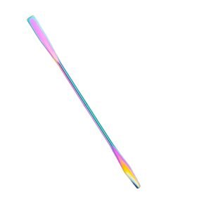 Professional dual-ended stainless steel cosmetic spatula featuring a vibrant rainbow plasma multi-color finish, a flat rectangle palette knife edge on one end, a tapered rounded blending tip on the other, and a smooth iridescent handle, shown in 89.jpg on a solid white background.