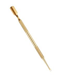 Professional dual-ended stainless steel cuticle pusher tool featuring a luxurious gold finish, a wide spoon-shaped pusher head on one side, a small loop cleaning ring tip on the other, and a knurled textured handle grip, shown in 90.jpg on a plain white background.