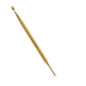 Professional dual-ended stainless steel cuticle maintenance tool featuring a luxurious gold coating, a sharp V-shaped cuticle trimmer blade on one side, a precise loop ring cleaning tip on the other, and dual knurled handle grips, shown in 93.jpg on a plain white background.