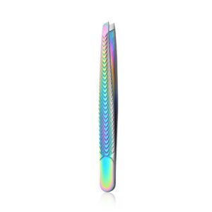 Professional stainless steel eyebrow tweezers featuring an angled slant tip design, perfectly flush aligned edges, and an iridescent multi-color rainbow plasma finish sculpted with an ergonomic non-slip wavy ridge textured pattern, shown in 95.jpg against a clean white background.