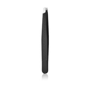 Professional stainless steel eyebrow tweezers featuring an angled slant tip design, perfectly flush aligned edges, and a sleek matte black handle body sculpted with an ergonomic non-slip wavy ridge textured pattern, shown in 96.jpg against a clean white background.