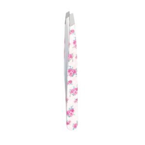 Professional stainless steel eyebrow tweezers featuring an angled slant tip design, perfectly flush aligned edges, and a light pink and white handle coated in a vintage floral print pattern with pink roses and green leaves, shown in 97.jpg against a solid white background.