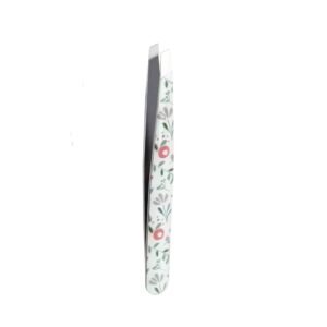 Professional stainless steel eyebrow tweezers featuring an angled slant tip design, perfectly flush aligned edges, and a white handle coated in a decorative floral print pattern with red roses, green leaves, and gray stems, shown in 98.jpg against a clean white background.