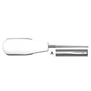 A straight dental root elevator with a large white ergonomic handle and a thin metallic shaft. A close-up inset shows the curved, concave tip used for tooth luxation.