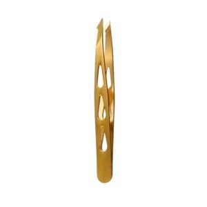 Professional stainless steel eyebrow tweezers featuring a hybrid point-slant tip design, an elegant gold finish, and three triangular cutout windows along the handle body, shown in 99_2.jpg against a solid white background.