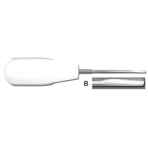 A dental root elevator with a thick, contoured white handle and a slender metallic shaft. An inset labeled B highlights the concave, rounded tip of the instrument.