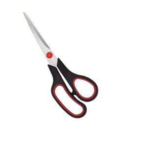 Professional straight grooming scissors featuring polished silver stainless steel blades, a red center pivot cap, and asymmetrical molded black handles lined with red comfort cushions, isolated on a white background, as seen in Beauty-Instruments.jpg.
