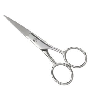 Medical-grade stainless steel straight pocket dressing scissors featuring a short, compact frame with sharp/blunt tips and a polished screw pivot joint, isolated on a white background.