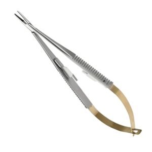 Straight Castroviejo micro needle holder with tungsten carbide jaws and gold-plated flat spring handles, isolated on a white background.