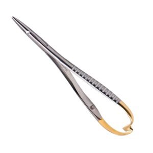 Boynton needle holder featuring a straight cross-serrated tungsten carbide jaw and a distinct gold-plated spring loop handle, isolated on a white background.