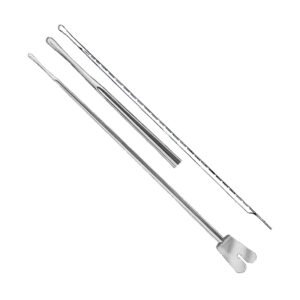 Three stainless steel surgical instruments from file 107-0040.jpg, including a grooved director with a butterfly-shaped handle and two diagnostic surgical probes, isolated on a white background.