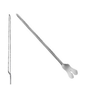 Medical-grade stainless steel grooved director shown from side and angled perspectives, featuring a straight grooved shaft with a tapered pointed tip and a flat, notched butterfly-shaped handle, isolated on a white background.