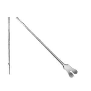 Medical-grade stainless steel grooved director shown from two angles, featuring a long grooved shaft with a bulbous probe tip and a flat, notched butterfly-shaped tongue tie handle, isolated on a white background.