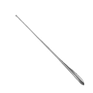 Stainless steel medical grooved director instrument with a slender rod, bulbous probe tip, and a flat, leaf-shaped tongue tie handle, isolated on a white background.