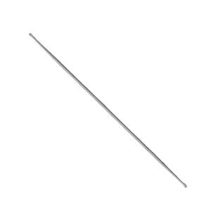 Surgical-grade stainless steel double-ended probe featuring a long, slim malleable shaft with small, bulbous myrtle leaf olive-shaped tips on both ends, isolated on a white background.