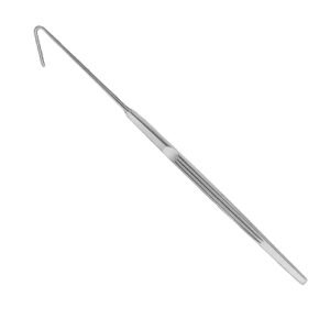 Surgical-grade stainless steel hook retractor featuring a fine, sharply angled distal hook, a slender extension shaft, and a solid flat handle with longitudinal grip serrations, isolated on a white background.