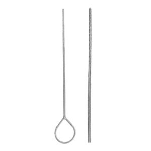 Surgical-grade stainless steel cotton applicator probe showing the full profile with a teardrop eye loop handle, a slender shaft, and an enlarged detailed close-up view of the finely ribbed, serrated working end, isolated on a white background.