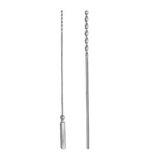 Surgical-grade stainless steel cotton applicator probe showing the full profile with a flat textured handle, a slender shaft, and an enlarged detailed close-up view of the helically grooved, twisted spiral working end, isolated on a white background.
