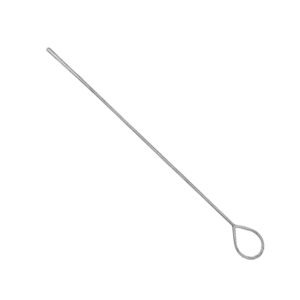 Surgical-grade stainless steel medical probe featuring a long, straight cylindrical shaft with a smooth rounded tip and an integrated teardrop-shaped eye loop handle, isolated on a white background.