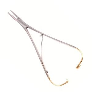Mathieu needle holder with gold-plated handles and tungsten carbide jaws for surgical suturing, isolated on a white background.
