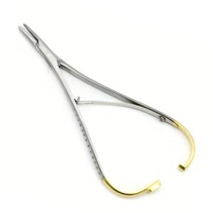 Mathieu-Olsen needle holder with built-in suture scissors, gold-plated handles, and tungsten carbide jaws, shown on a reflective white surface.