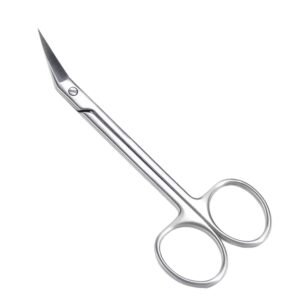 Medical-grade stainless steel wire and crown scissors featuring sharp, short blades angled to the side with a heavy-duty pivot screw joint, isolated on a white background.