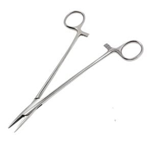 Mayo-Hegar needle holder made of high-grade surgical stainless steel with a straight serrated jaw and ratchet locking mechanism.