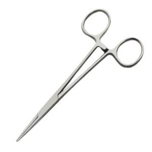 Straight Halsted-Mosquito artery forceps made of surgical-grade stainless steel with serrated jaws and a ratchet locking handle.