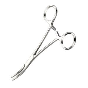 Curved Halsted-Mosquito artery forceps made of medical-grade stainless steel with serrated jaws and a ratchet locking handle.