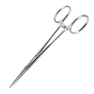 Straight Kelly hemostatic forceps made of high-polish surgical stainless steel featuring half-serrated jaws and a ratchet lock handle.
